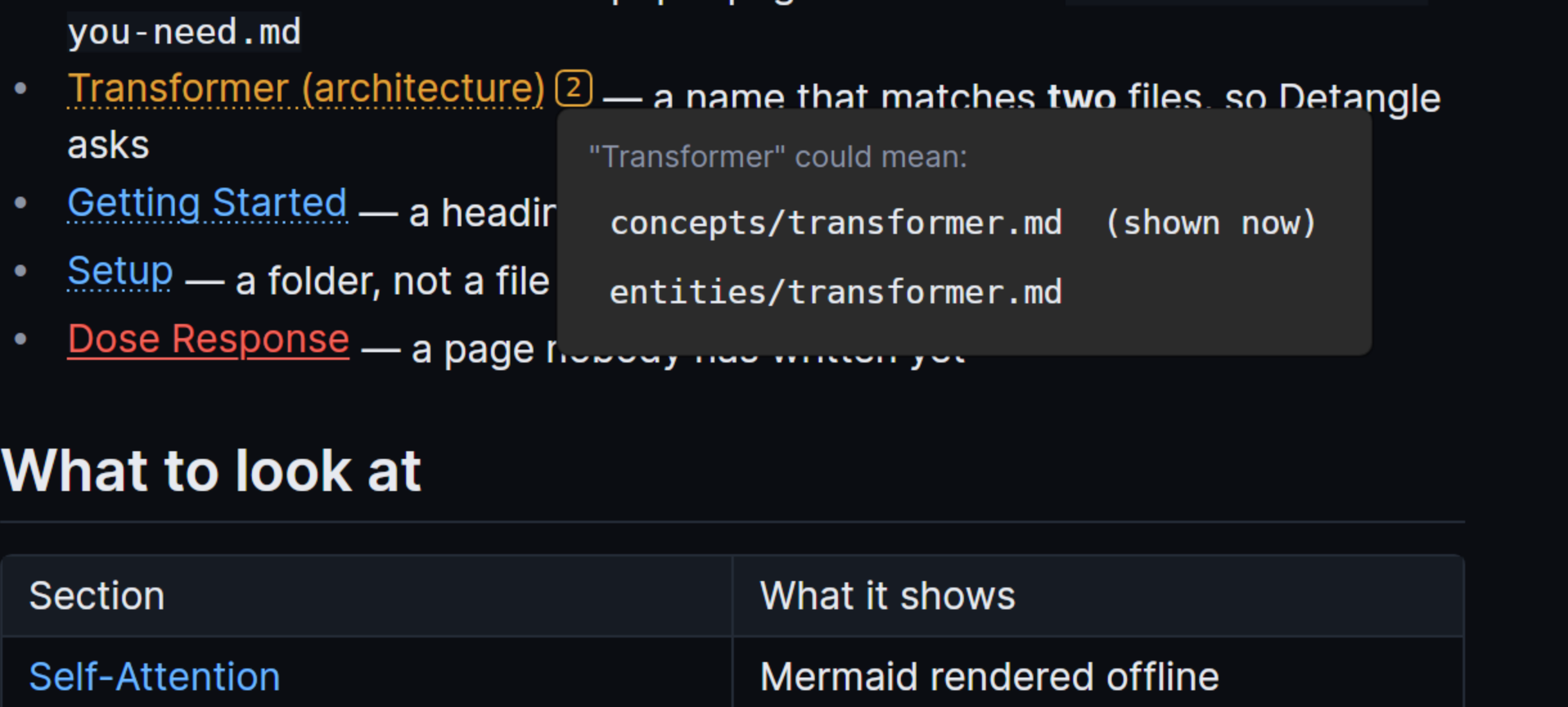 An ambiguous link in a rendered page with a small count marker after it, opened to show both candidate files and which one is shown now